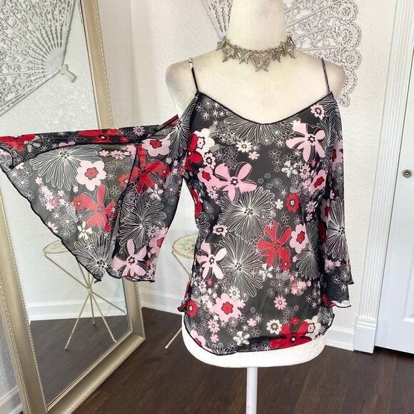 Fairy Whimsygoth Semi Sheer Off The Shoulder Bell Sleeve Floral Flower Top S - Picture 5 of 8